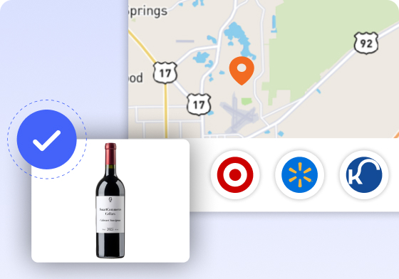 Map location routing a wine product to nearby Target, Walmart, and Kroger stores