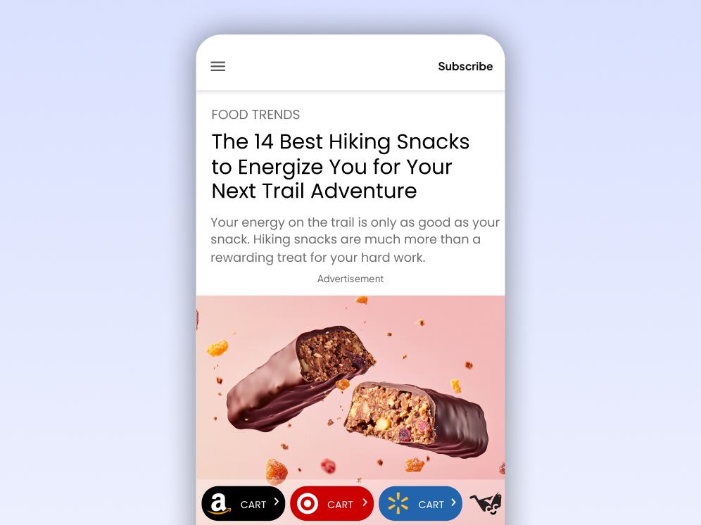 Food trends native ad with Amazon, Target, and Walmart cart buttons