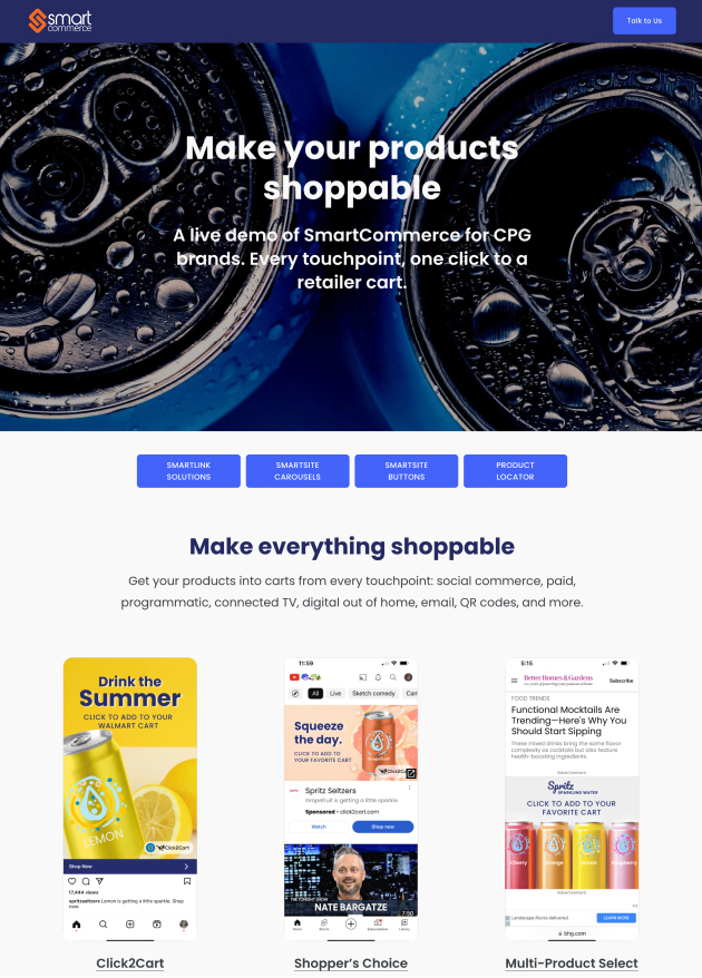 SmartCommerce CPG demo showing Click2Cart touchpoints across social, CTV, and brand websites