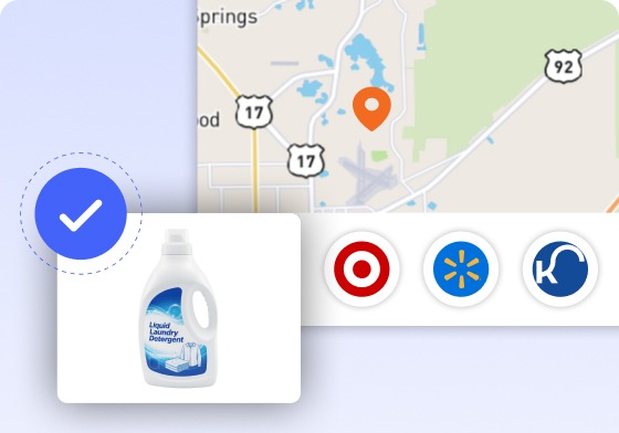 Map with nearby retailer pins and an in-stock laundry detergent product