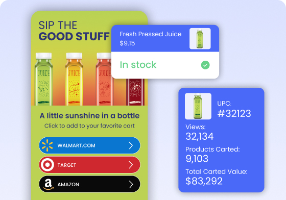 Fresh Pressed Juice ad with retailer buttons and an In stock badge