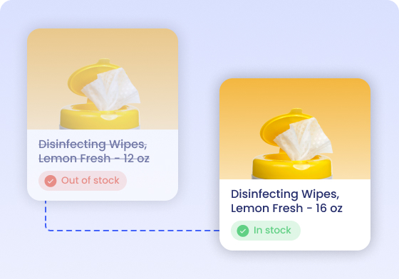 Disinfecting wipes 12 oz out of stock swapped for an in-stock 16 oz size