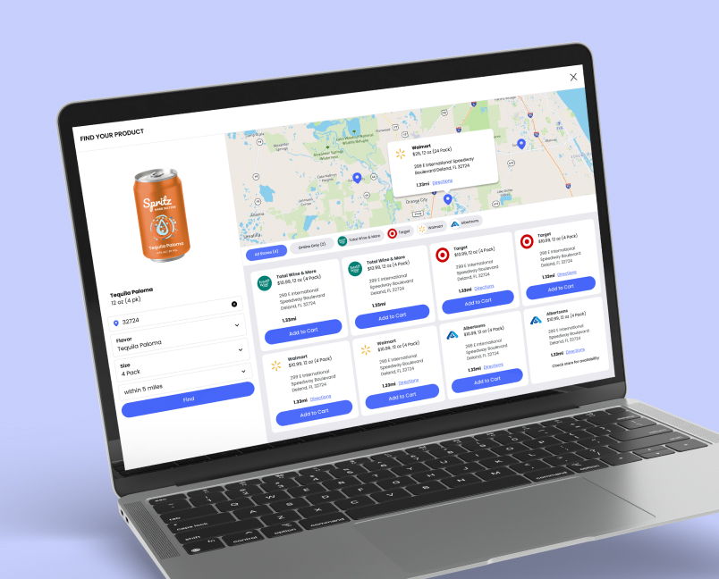 Find Your Product map showing nearby retailer results and pricing for Spritz Tequila Paloma