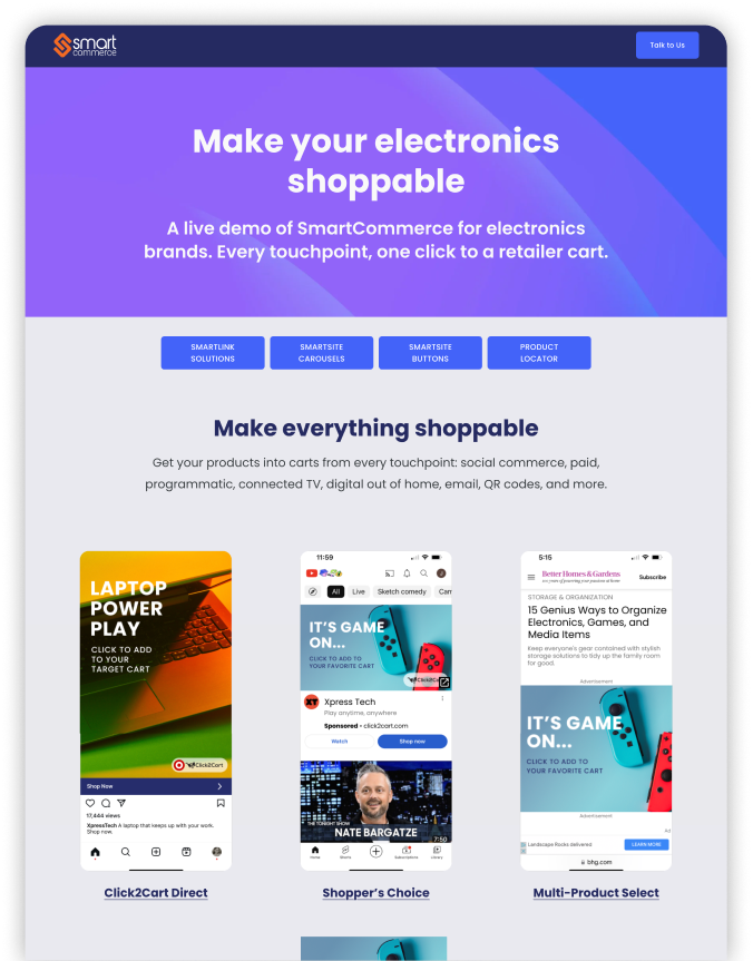 SmartCommerce electronics demo featuring shoppable media, SmartSite tools, and a product locator