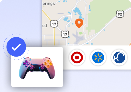 Map routing a gaming controller to nearby Target, Walmart, and Kroger stores