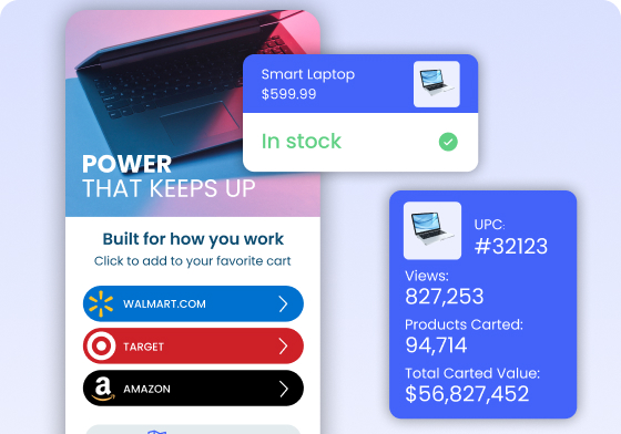 Laptop promotion showing local inventory status and commerce performance metrics