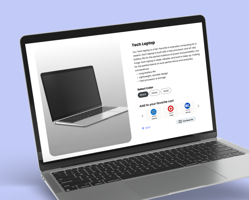 Laptop product page with retailer cart and nearby store options