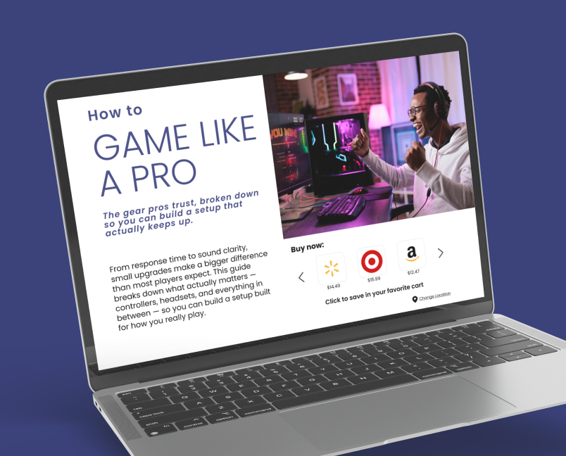 Gaming buying guide with shoppable retailer options displayed on a laptop