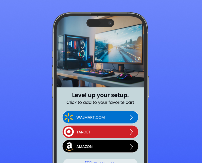 Gaming setup promotion with Walmart, Target, and Amazon retailer choices