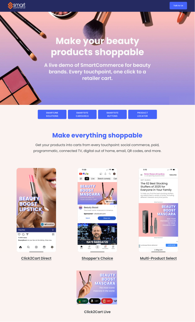 SmartCommerce Health + Beauty demo showing Click2Cart touchpoints for Beauty Boost lipstick and mascara