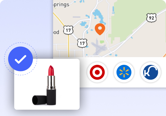 Map with nearby retailer pins and an added-to-cart lipstick product