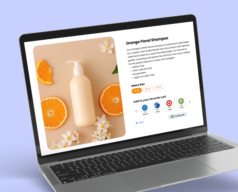 Orange Floral Shampoo product page with size options and retailer add-to-cart buttons