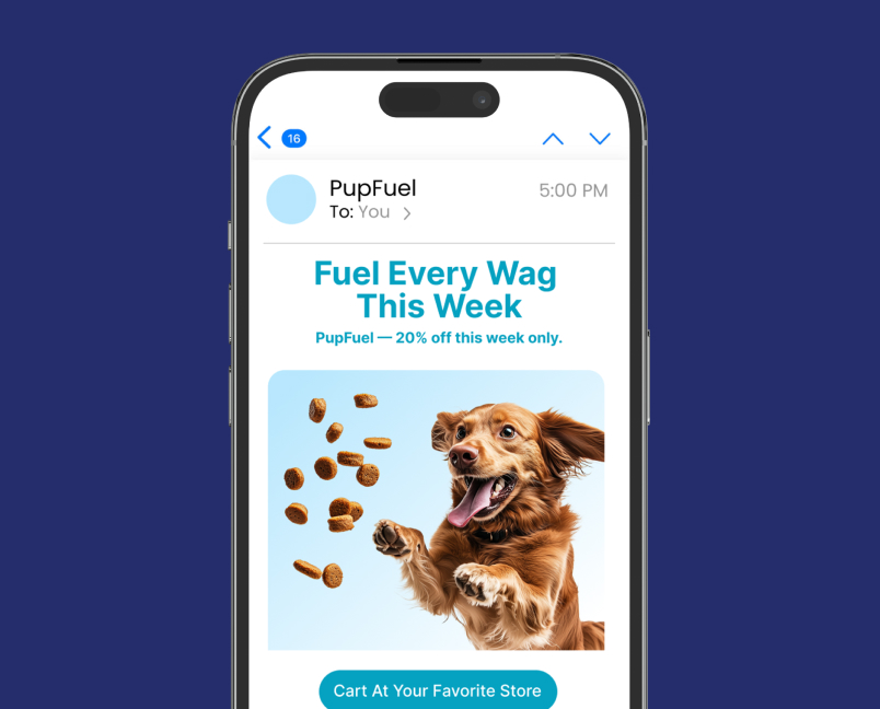 PupFuel email offering 20% off with a Cart at Your Favorite Store button