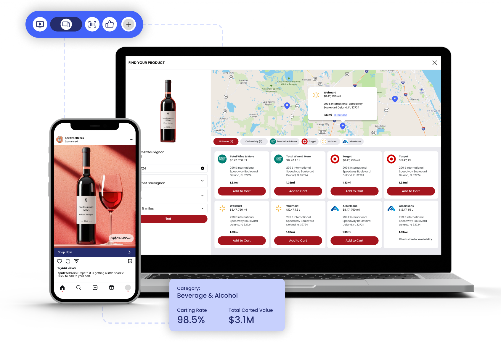Wine campaign shown across shoppable social media and a store locator with beverage commerce performance metrics