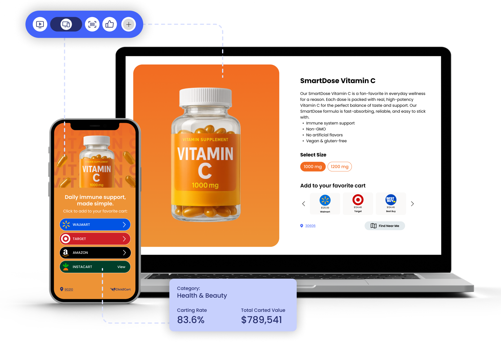 Vitamin C product shown across a shoppable mobile experience and brand website with commerce performance metrics