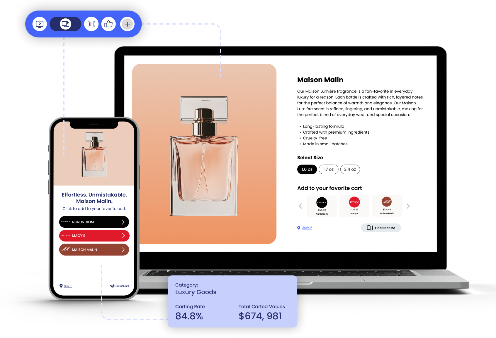 Luxury fragrance shown across a shoppable mobile experience and brand website with commerce performance metrics
