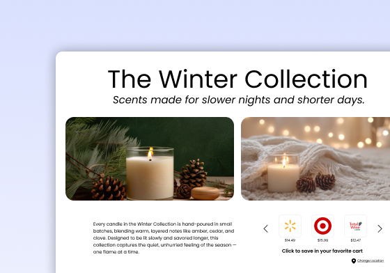 Winter candle collection landing page with shoppable retailer options