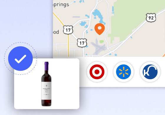 Map routing a luxury wine product to nearby Target, Walmart, and Kroger stores