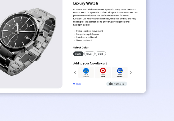 Luxury watch product detail page with color choices and retailer purchase options