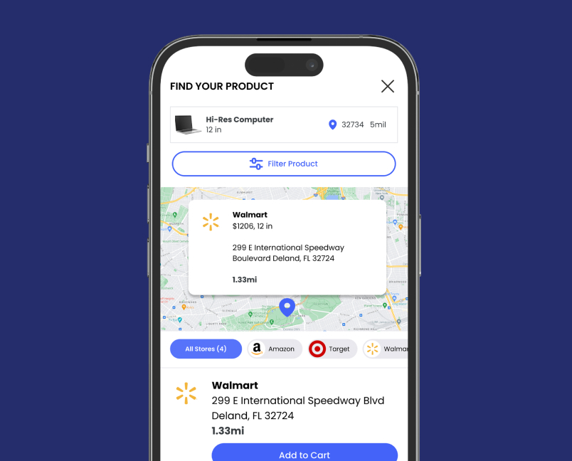 Mobile product locator showing a nearby Walmart store and add-to-cart option