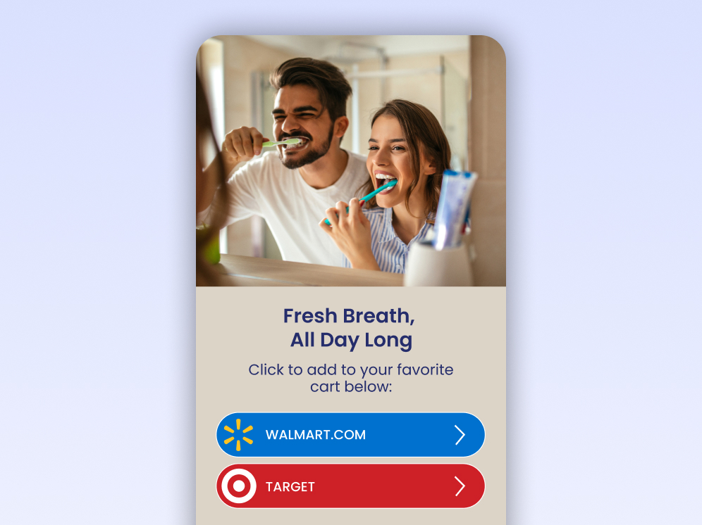 Fresh Breath, All Day Long ad with Walmart.com and Target retailer buttons