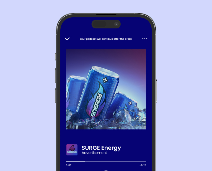 Energy drink advertisement displayed inside a mobile podcast experience
