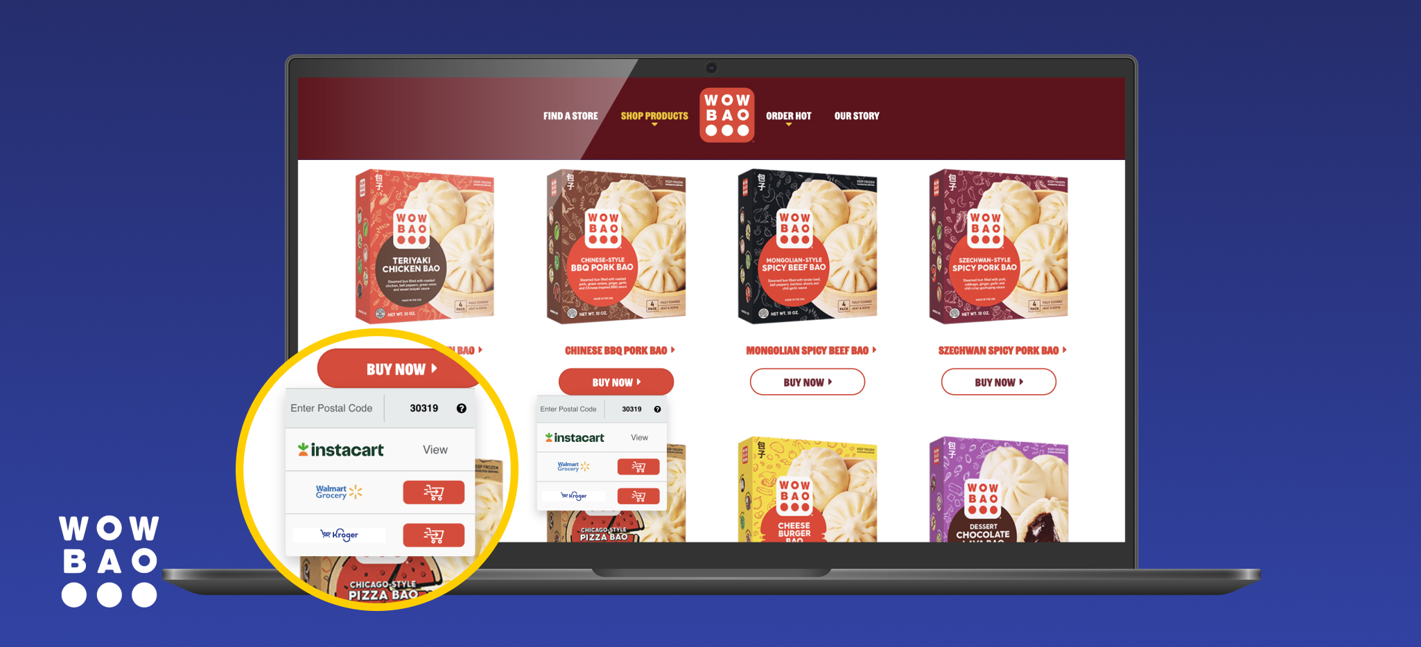 Wow Bao product website with SmartCommerce retailer purchase options