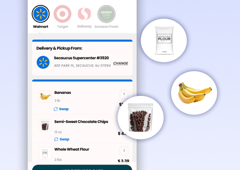 Multi-product cart bundle with bananas, chocolate chips, and whole wheat flour added together
