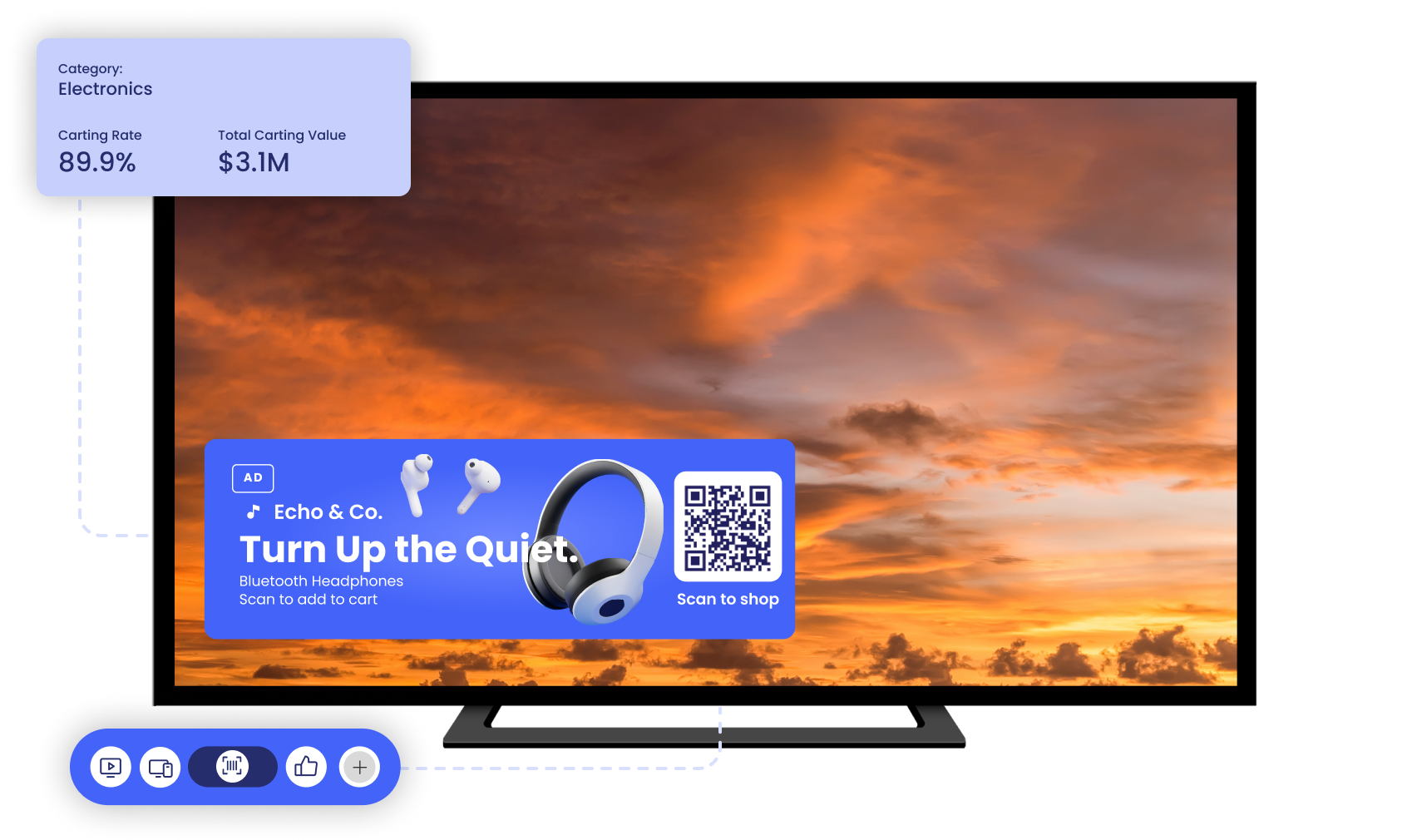 Connected TV headphone advertisement with a scan-to-shop QR code and commerce performance metrics
