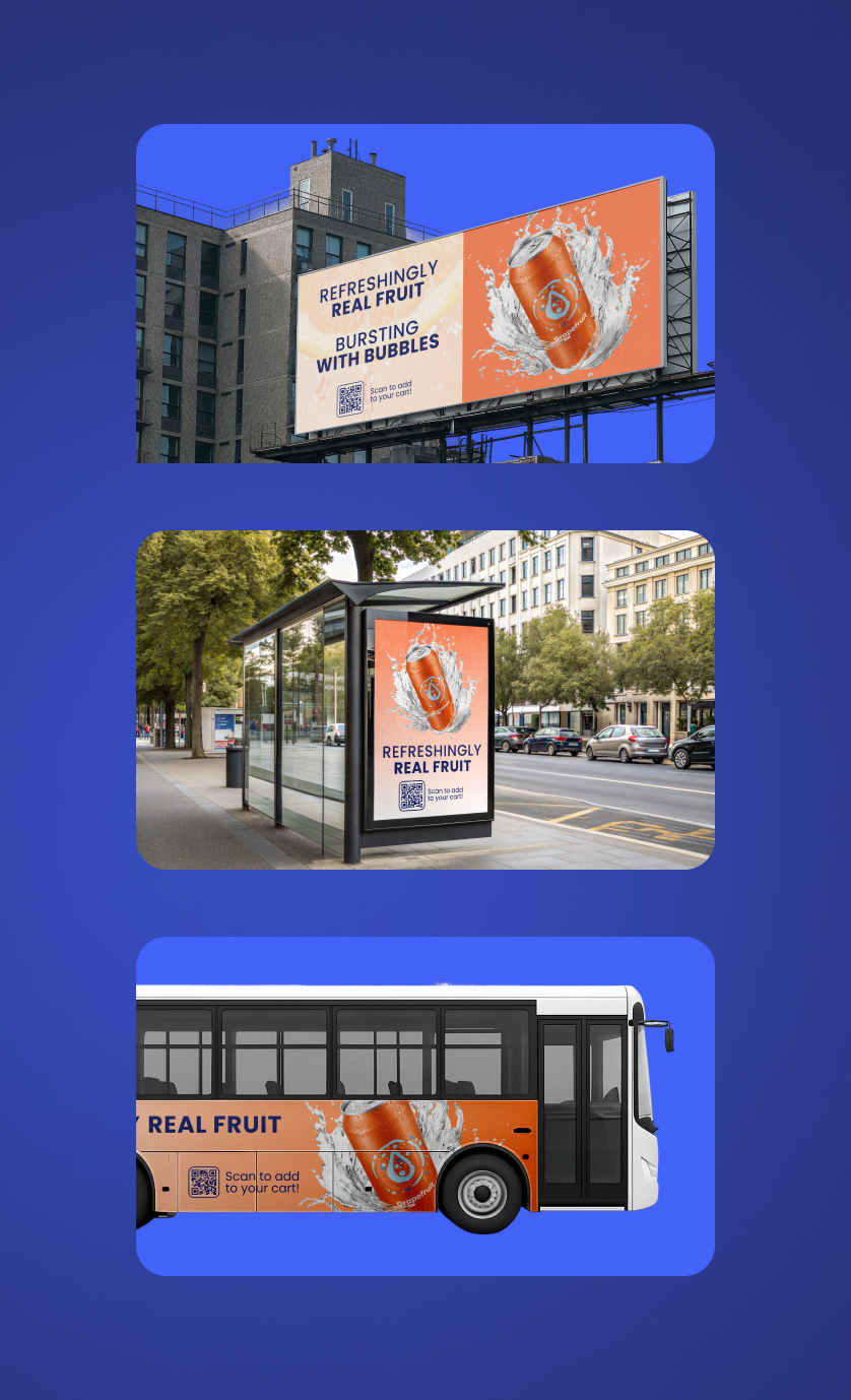 Shoppable digital advertising across a billboard, transit shelter, and bus