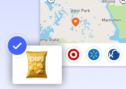 Map showing a nearby retailer location with Target, Walmart, and Kroger options and an in-stock bag of chips