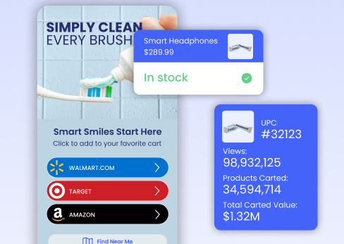 Toothbrush and toothpaste ad showing an in-stock Smart Headphones product with retailer buttons