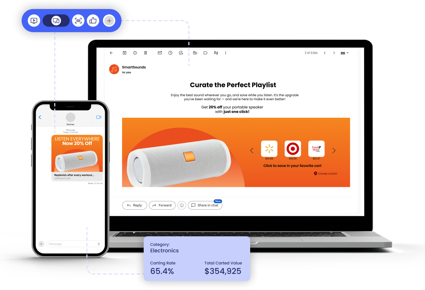 Shoppable email and SMS campaign displayed across a phone and laptop