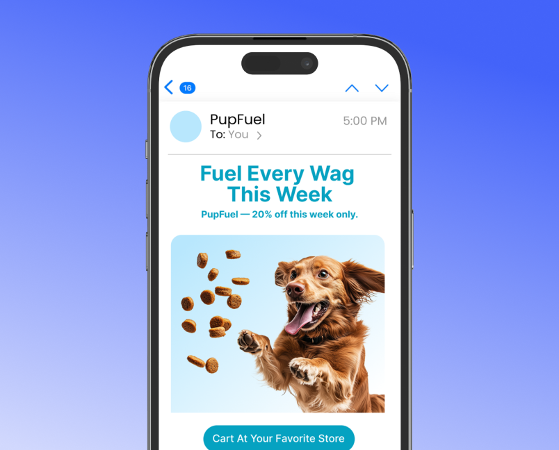Promotional pet food email displayed on a phone