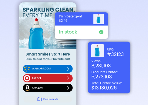 In-stock dish detergent campaign with retailer choices and cart performance metrics