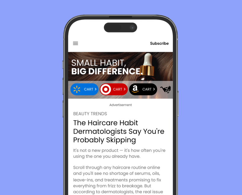Dynamic haircare advertisement with Click2Cart retailer buttons
