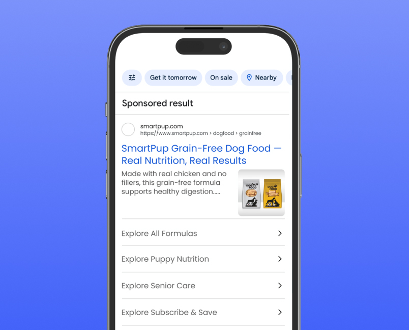 Sponsored dog food search result displayed on a mobile phone