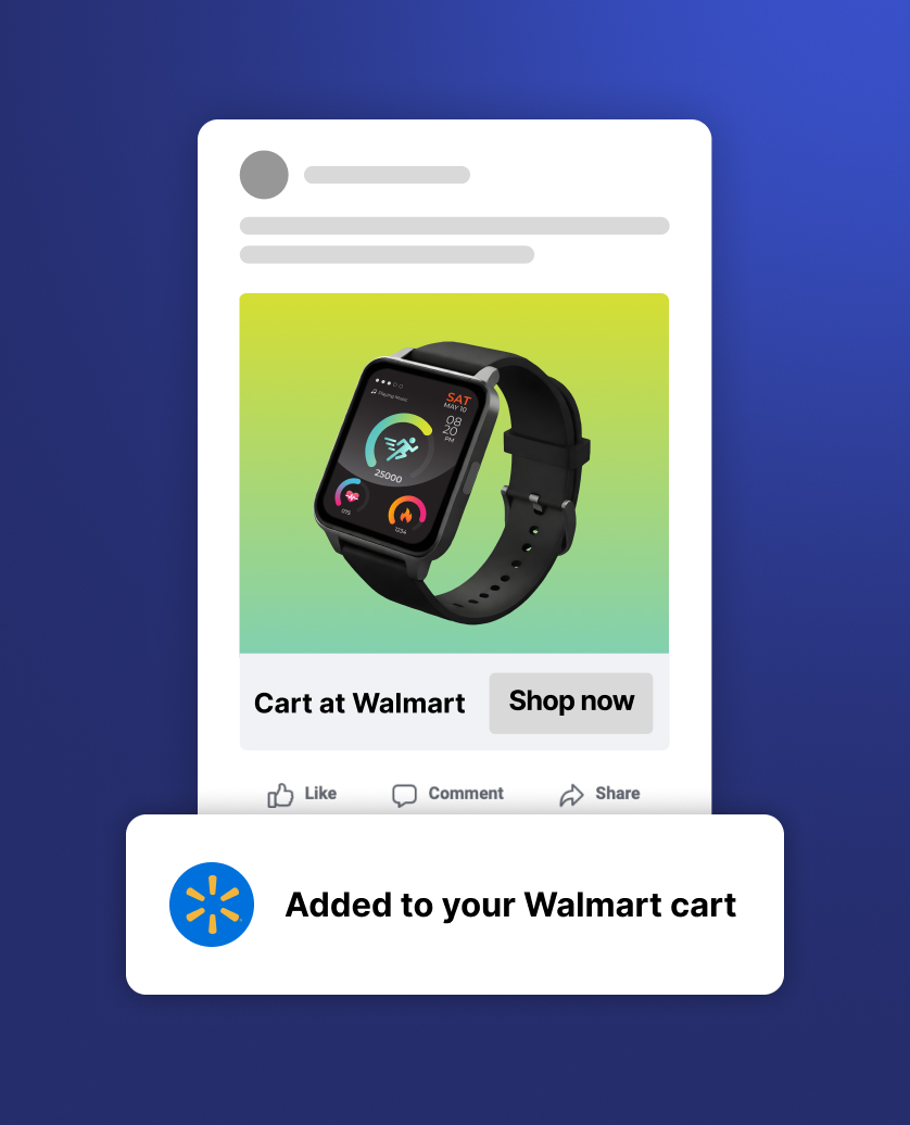 Paid social smartwatch advertisement added directly to a Walmart cart
