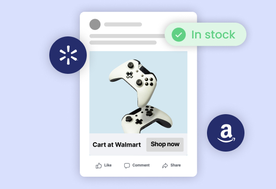 In-stock gaming product with Walmart and Amazon shopping options