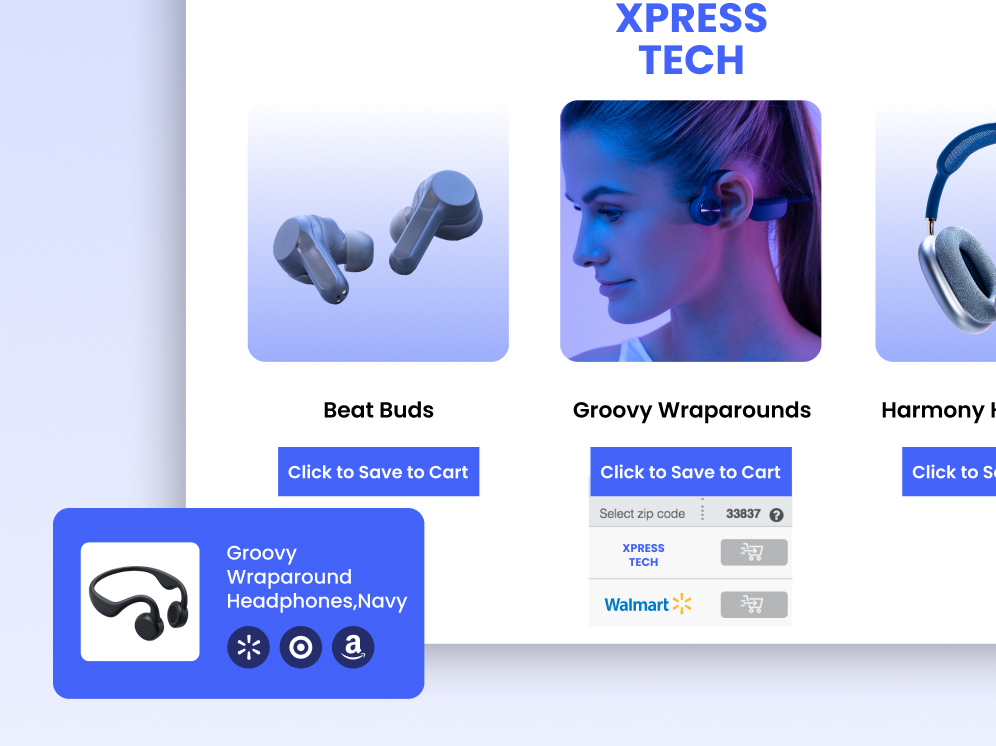 Xpress Tech headphones carousel with Click to Save to Cart buttons