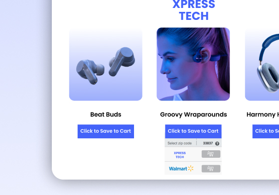 Xpress Tech headphones carousel with Click to Save to Cart buttons