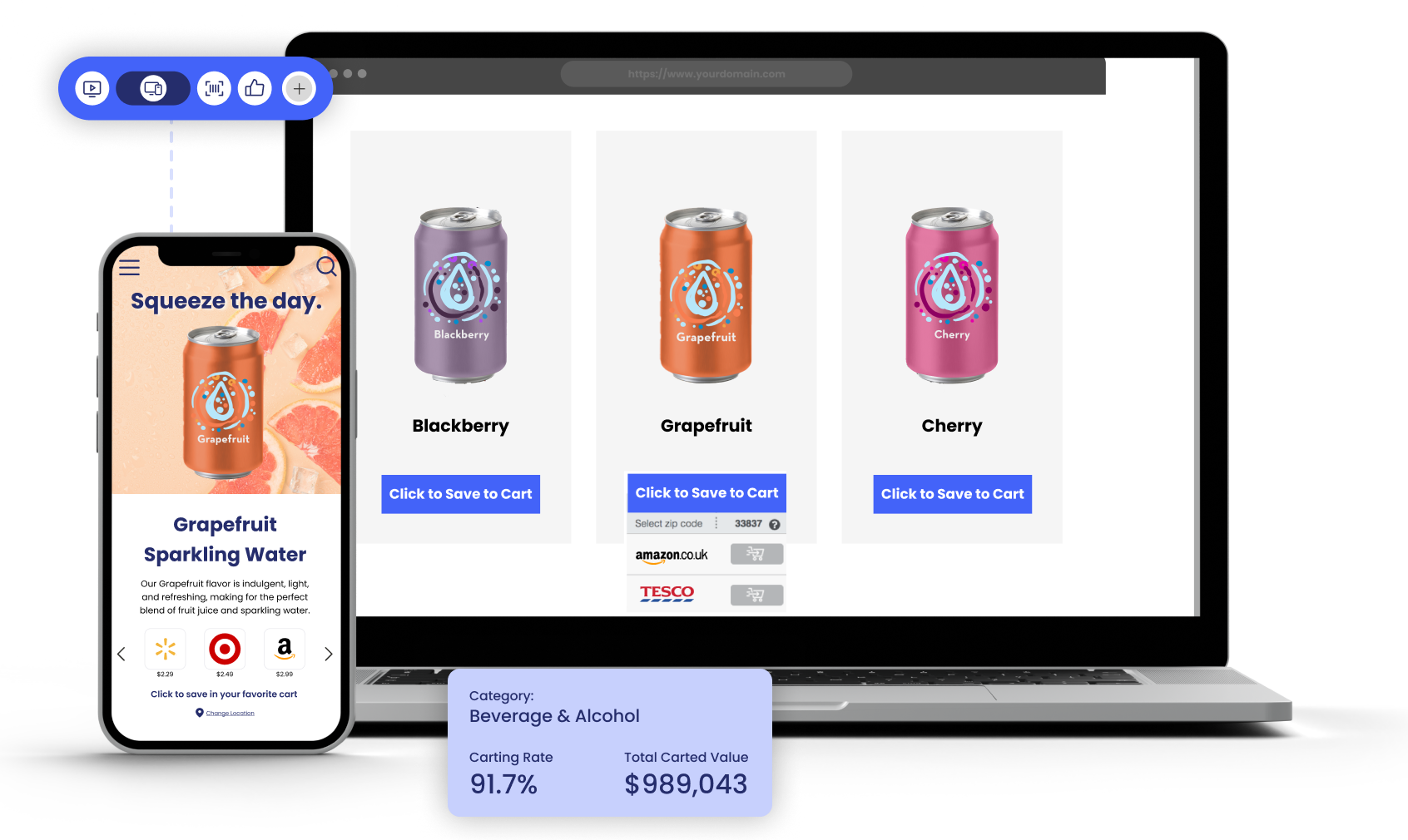 Sparkling water product carousel and mobile product page with retailer purchase options and commerce performance metrics
