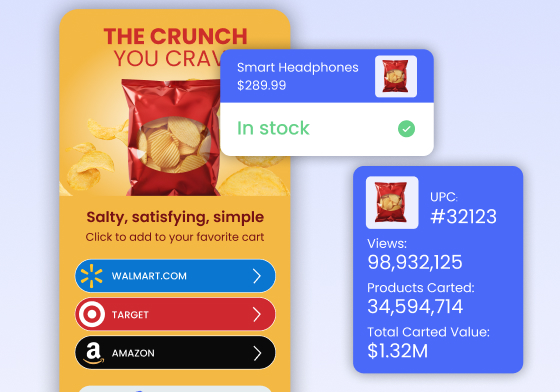 In-stock snack campaign with retailer choices and cart performance metrics